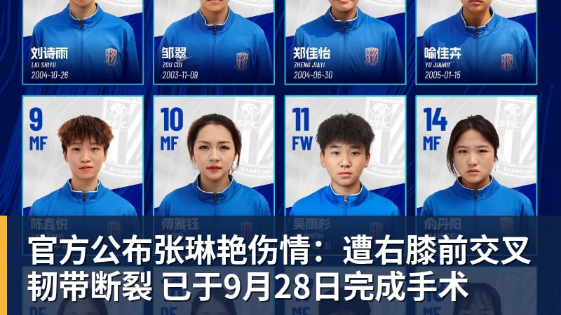 官方公布张琳艳伤情:遭右膝前交叉韧带断裂 已于9月28日完成手术
